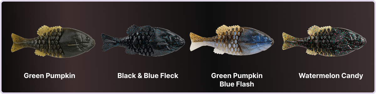 To enhance visibility in waters with medium clarity, consider these four Berkley Powerbait Gilly lure colors:   PowerBait Gilly - HD Black Blue fleck PowerBait Gilly - Pumpkinseed PowerBait Gilly - Watermelon Candy PowerBait Gilly - Green Pumpkin Blue Flash